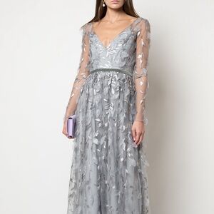 Marchesa Notte Silver tulle leaf dress